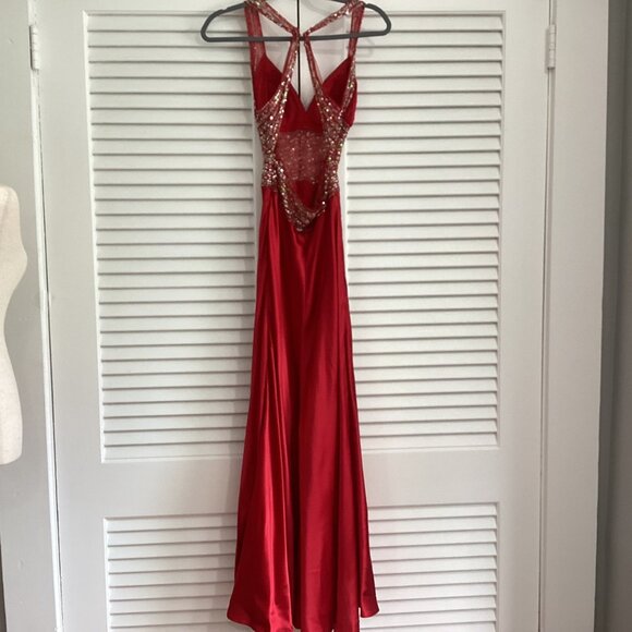 Jovani Red Sequin Embellished Satin 100% Silk Maxi Dress Gown Size 4 - Picture 7 of 16